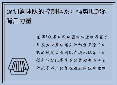 深圳篮球队的控制体系：强势崛起的背后力量