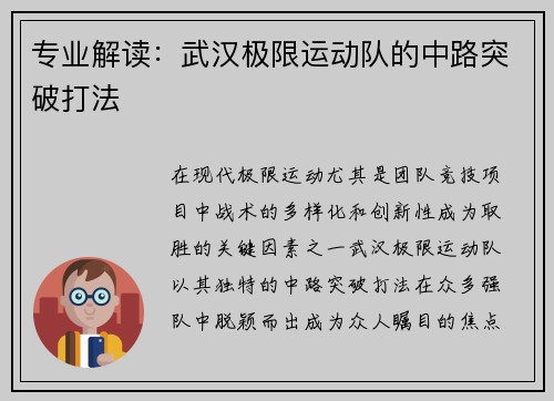 专业解读：武汉极限运动队的中路突破打法