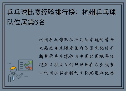乒乓球比赛经验排行榜：杭州乒乓球队位居第6名