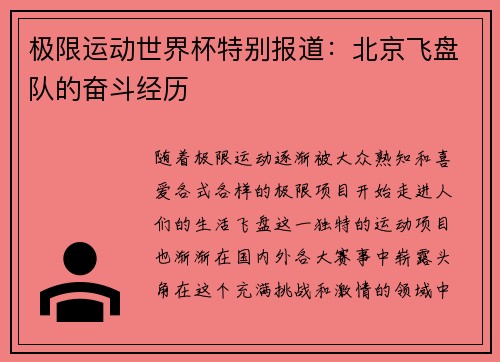 极限运动世界杯特别报道：北京飞盘队的奋斗经历