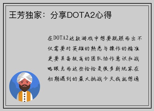 王芳独家：分享DOTA2心得
