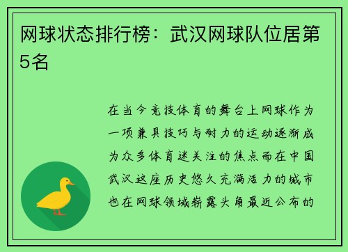 网球状态排行榜：武汉网球队位居第5名