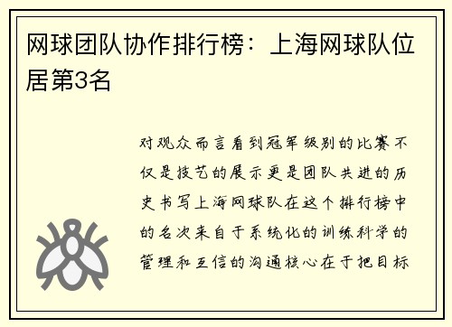 网球团队协作排行榜：上海网球队位居第3名