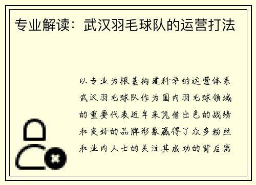 专业解读：武汉羽毛球队的运营打法